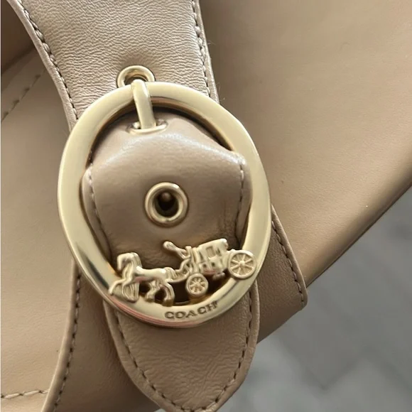 Coach Nude Leather Slide Sandals with Gold Buckle - Picture 2 of 3